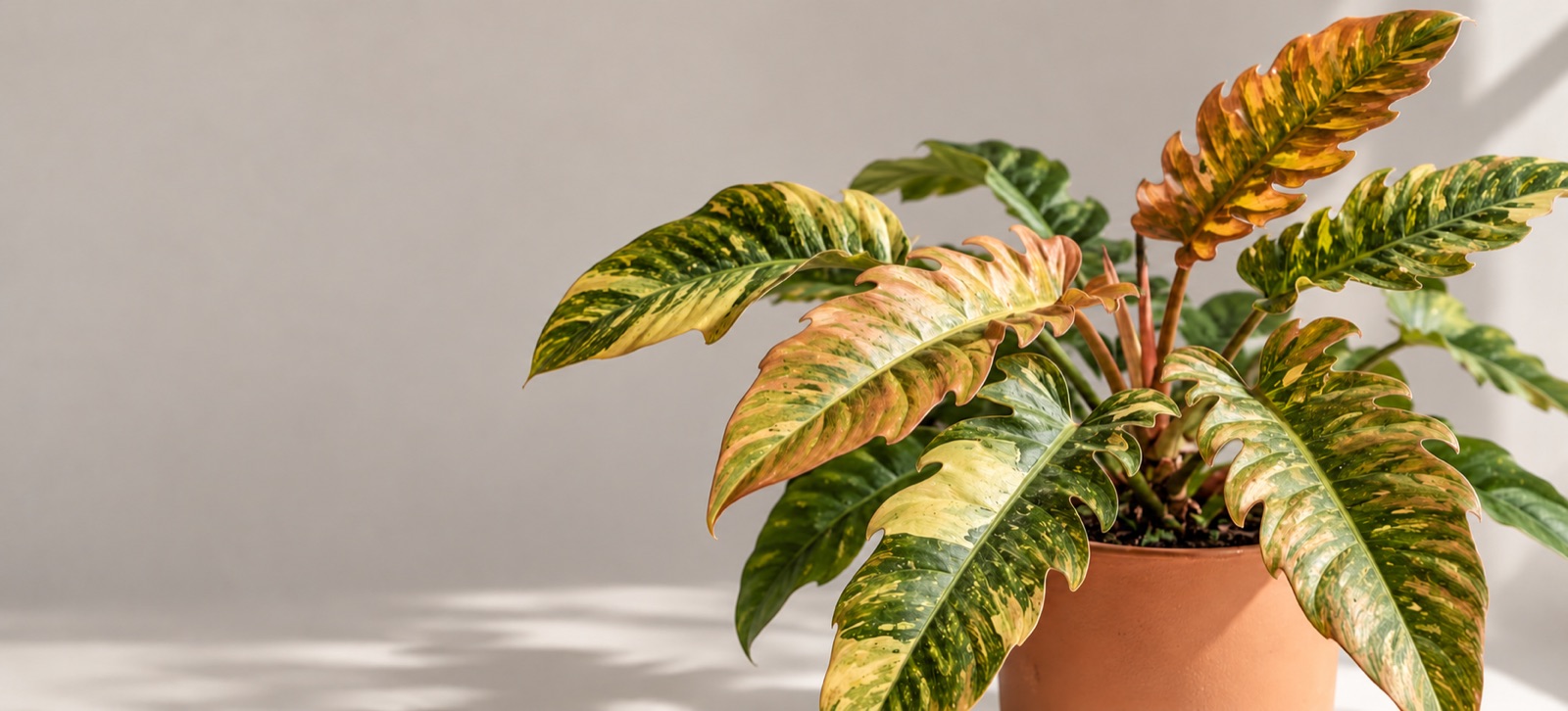 Philodendron Caramel Marble de hojas dentadas y variegadas junto a un fondo claro